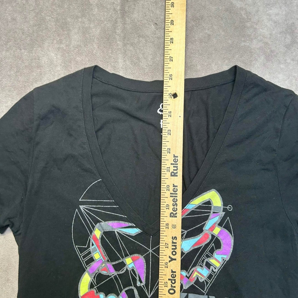 Fox Racing Womens Sz M Black V-Neck Graphic T-Shirt Logo Print y2k - Picture 3 of 7